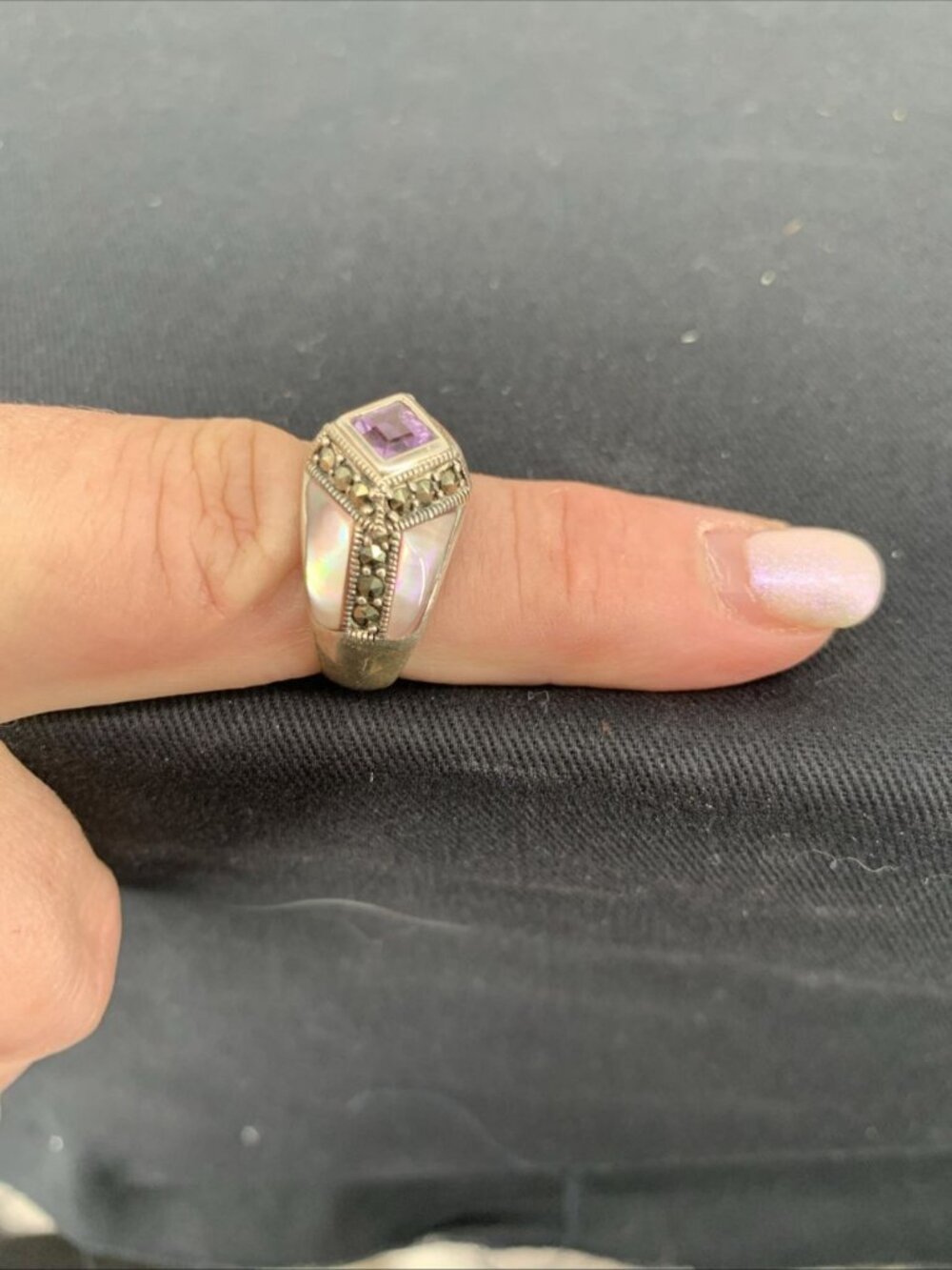 Purple Spinel Marcasite Pink Enamel Ring Sz 7.5 Thailand 7.4 Grams - Picture 4 of 8